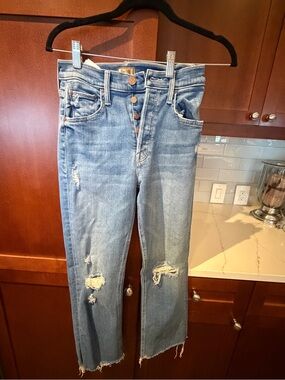 MOTHER Straight Leg Distressed Light Blue Jeans
